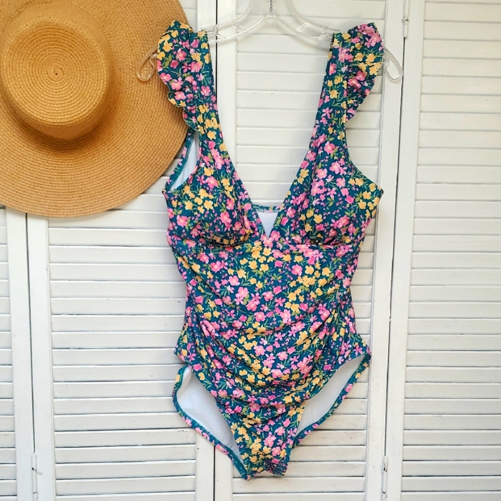 NWOT Kona Sol Ruffled Shoulder Floral One Piece Swimsuit Size 12-14